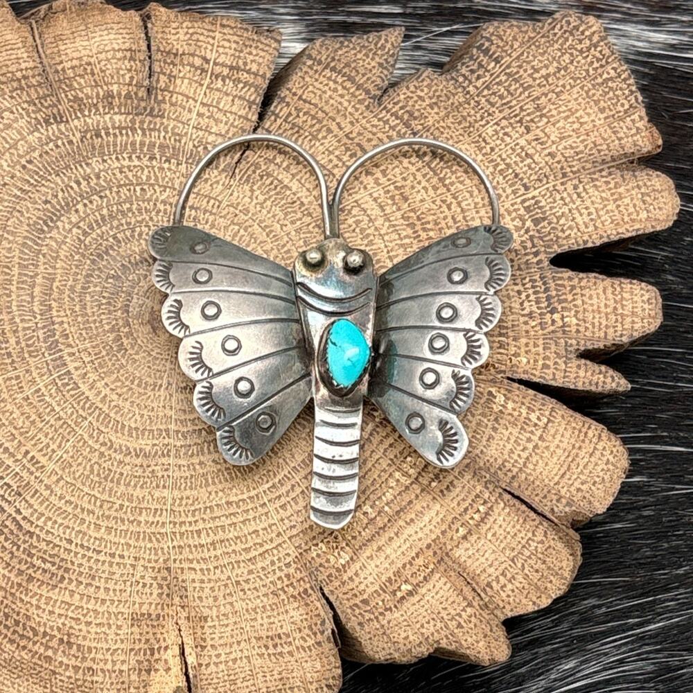 1940s Native American NAVAJO Sterling Silver & Turquoise Butterfly Pin Stampings